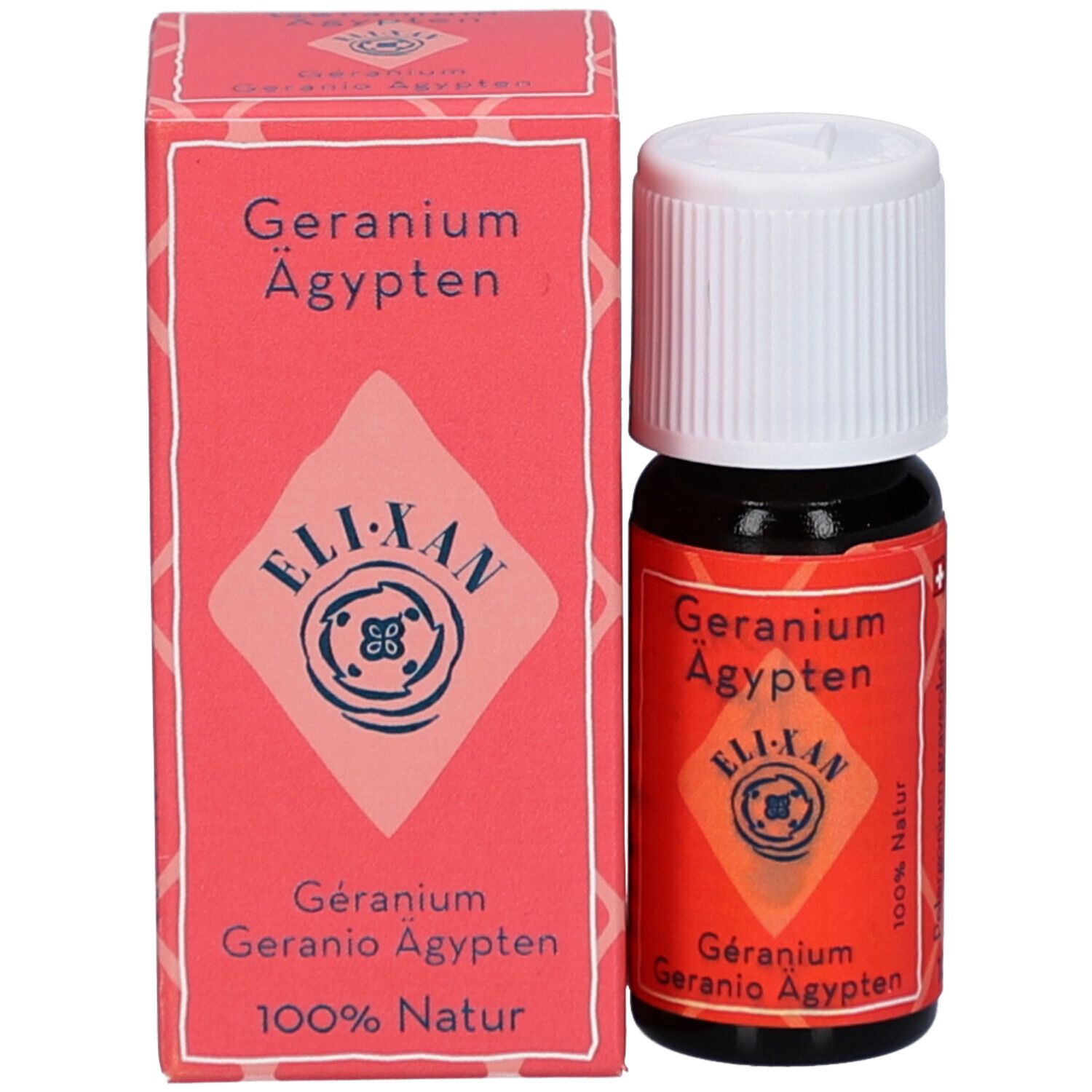 Bruine glazen fles met witte schroefdop en rechthoekige verpakking. Rood etiket met tekst: Geranium Ägypten, ELIXAN, 100% Natur.
