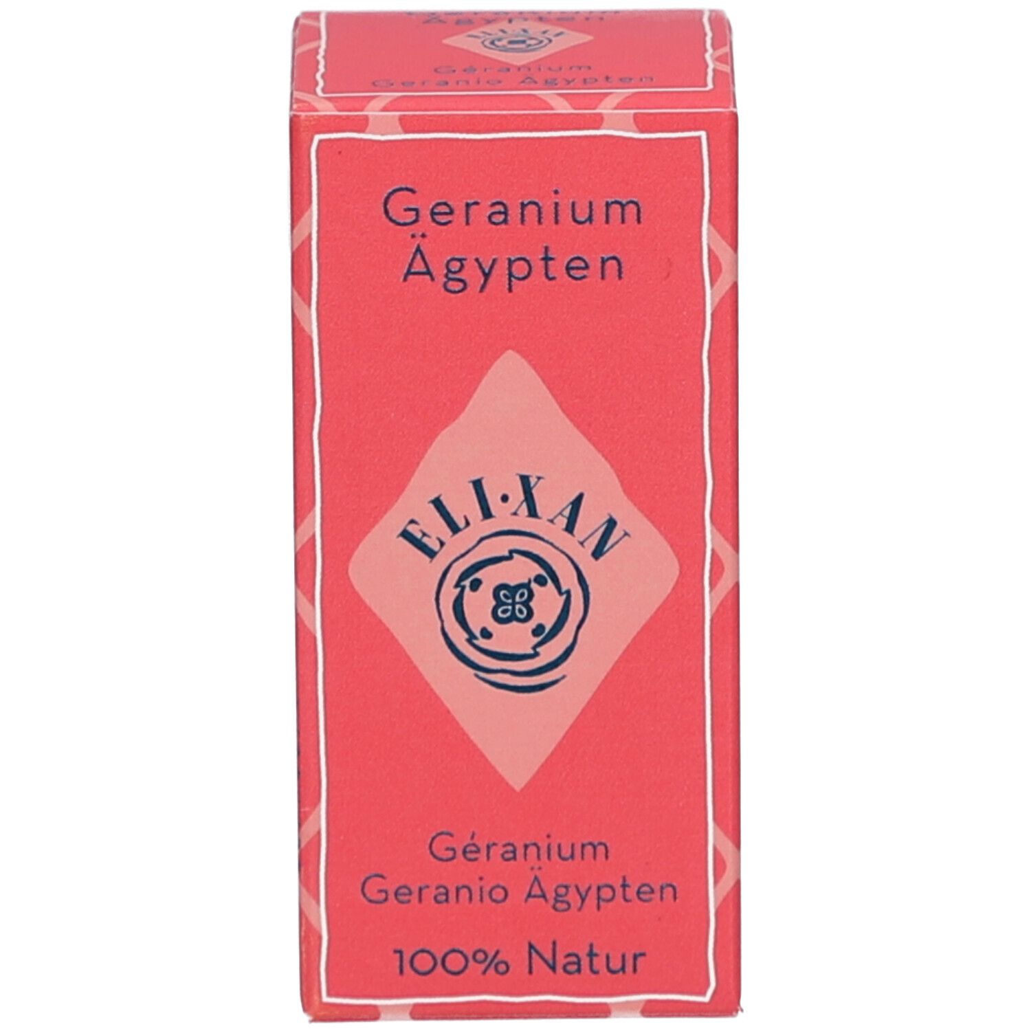 Rechthoekige verpakking. Rood ontwerp met tekst: Geranium Ägypten, ELIXAN, 100% Natur.