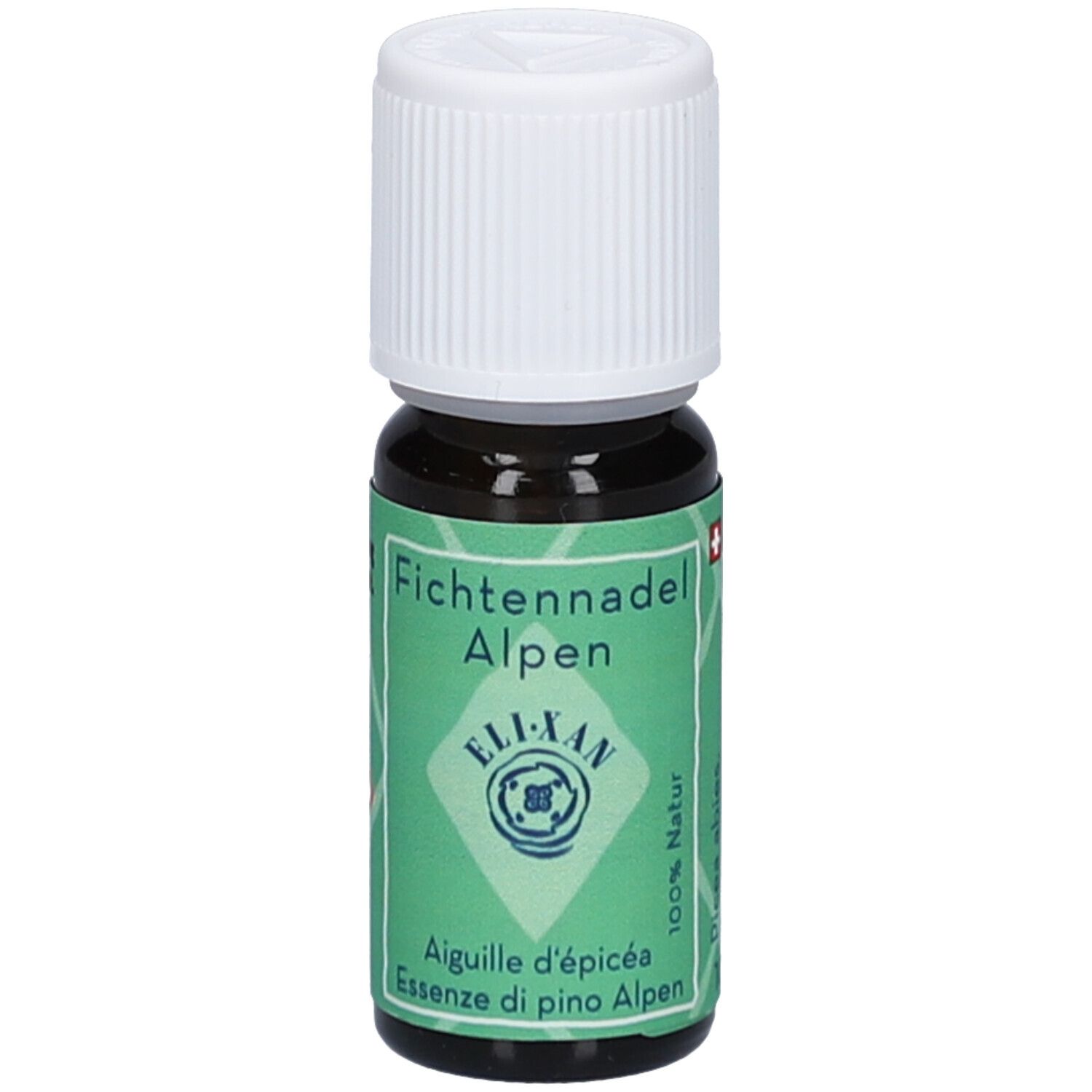 Bruine glazen fles met witte schroefdop. Groen etiket met tekst 'Fichtennadel Alpen' en 'ELI-XAN'.