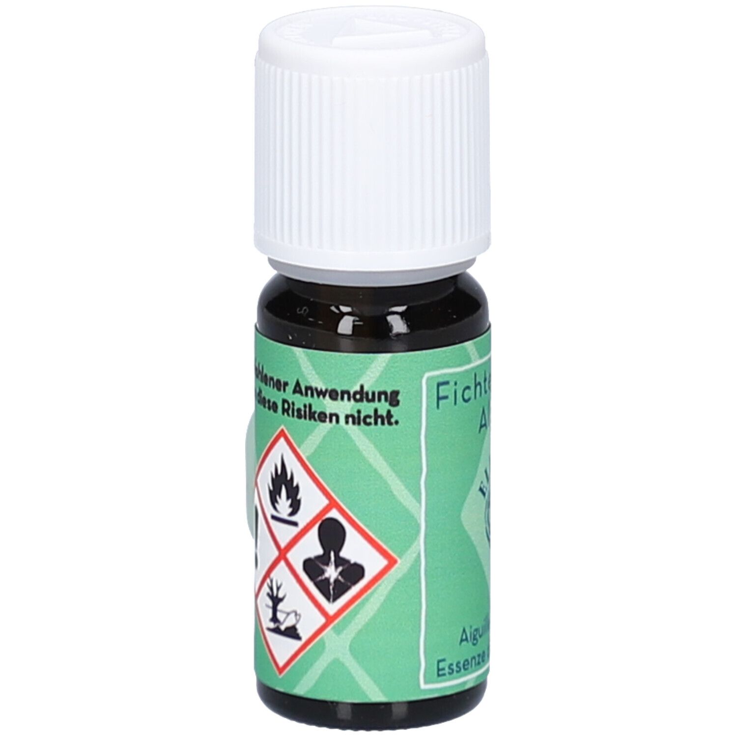 Kleine bruine glazen fles met witte schroefdop. Groene etiketten met waarschuwingssymbolen en tekst.