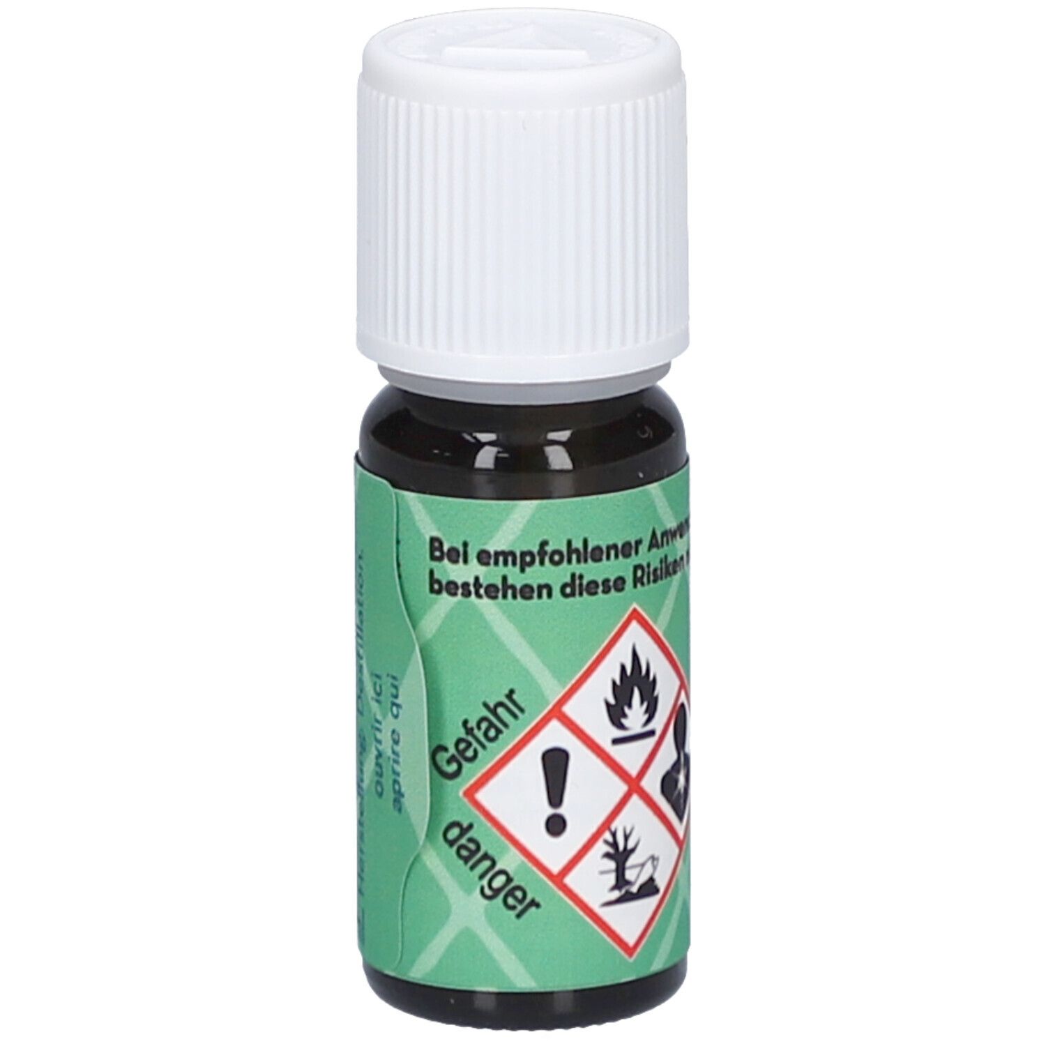 Bruine glazen fles met witte schroefdop. Groene banderol met gevaarsymbolen: vlam, uitroepteken, boom met bliksem, persoon met schild.