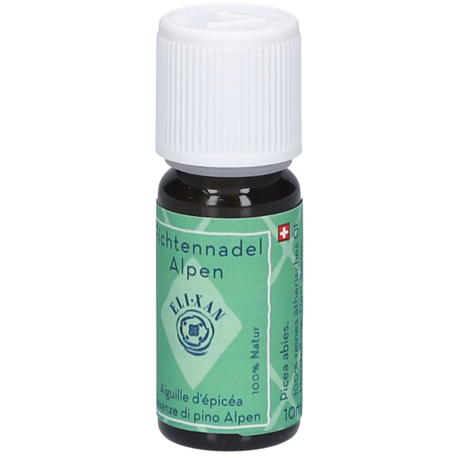 Bruine glazen fles met witte schroefdop, etiket met "Fichtennadel Alpen" en "ELI-XAN".