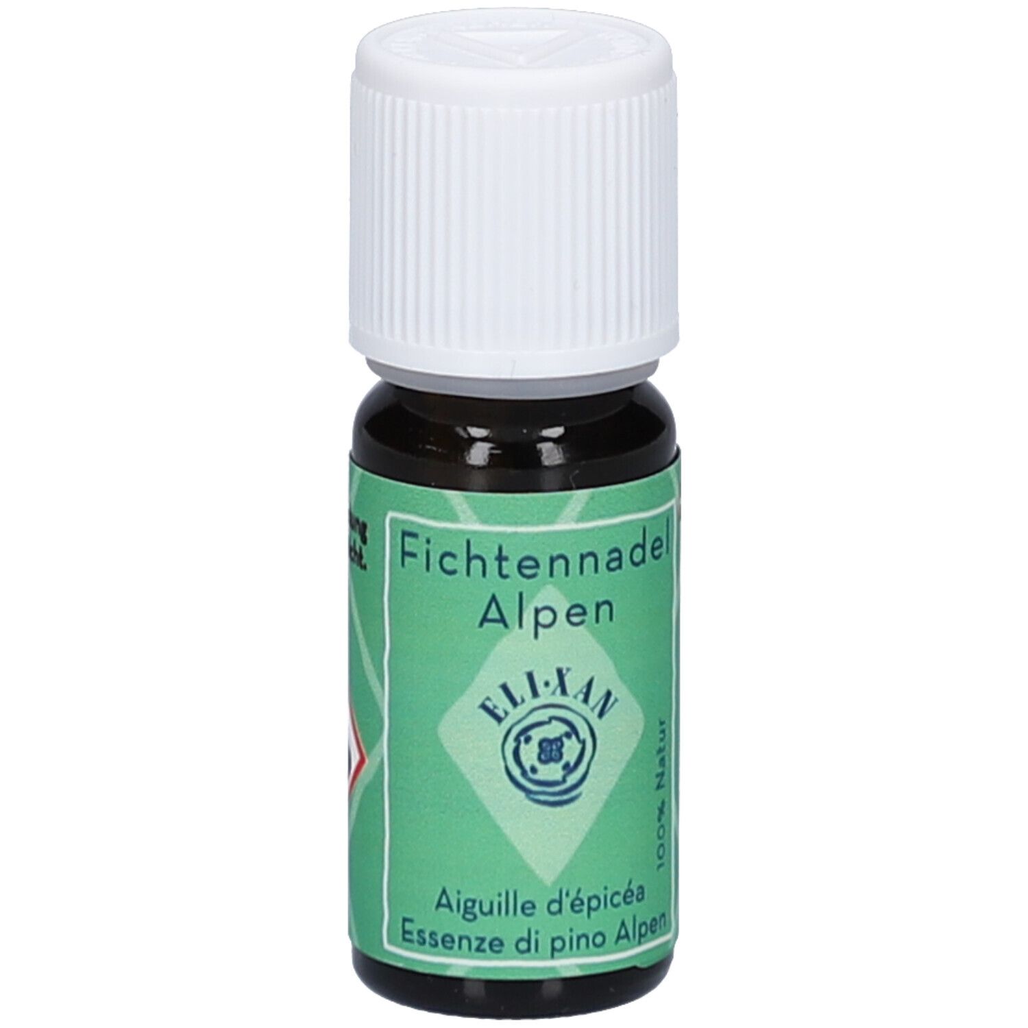 Kleine bruine glazen fles met witte schroefdop. Groen etiket met "Fichtennadel Alpen" en "ELI-XAN".