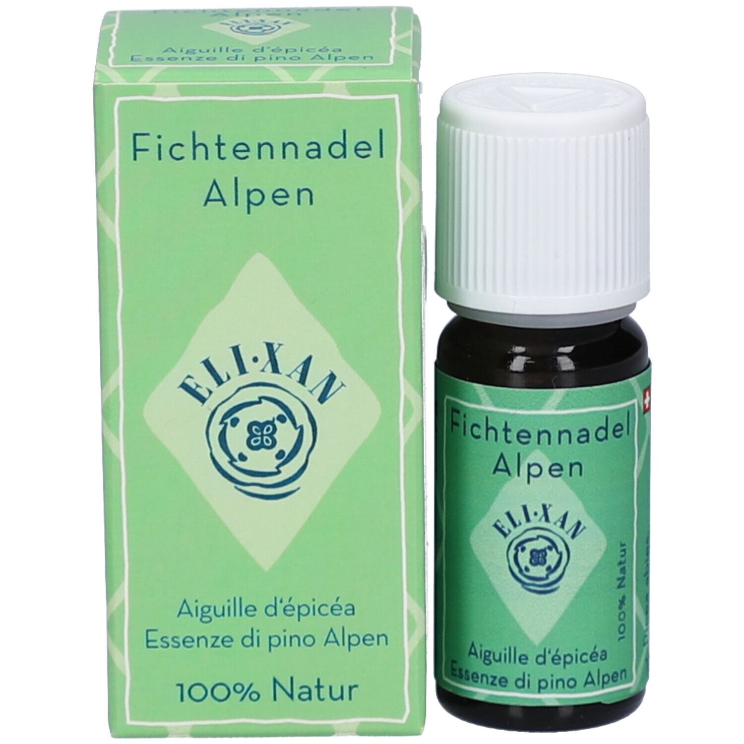 Fichtennadel Alpen etherische olie van Eli-Xan in donkere glazen fles met witte dop en vouwdoos.