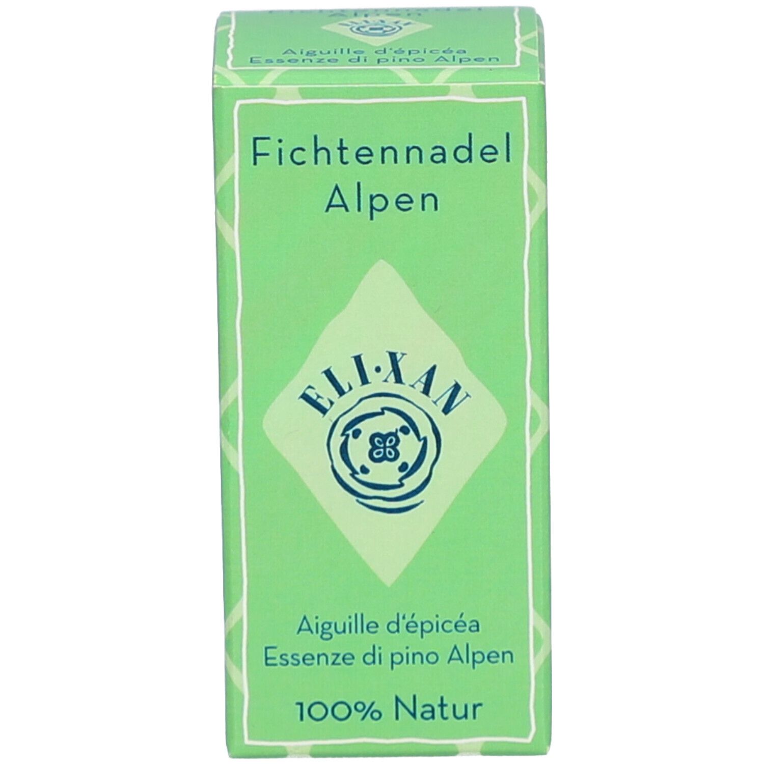 Groene verpakking met 'Fichtennadel Alpen' en 'ELI-XAN' logo. Bevat '100% Natur'.