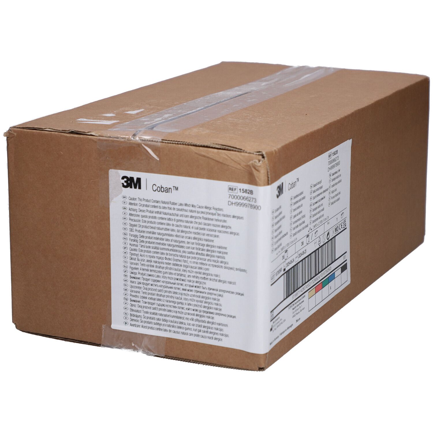 Emballage en carton avec étiquette 3M Coban. Informations sur le produit et code-barres sur l'étiquette.
