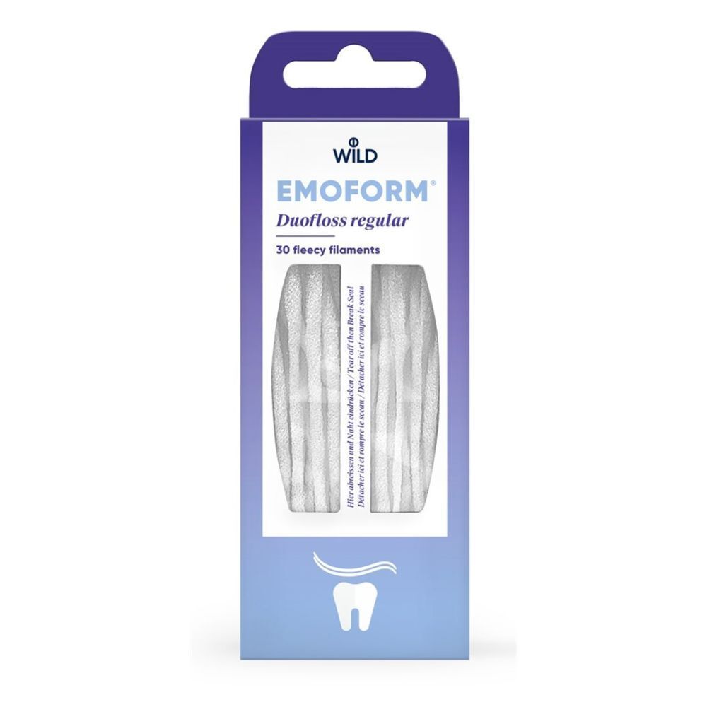Verpakking van EMOFORM Duofloss regular. Bevat 30 vliesfilamenten. Logo en productnaam duidelijk zichtbaar.