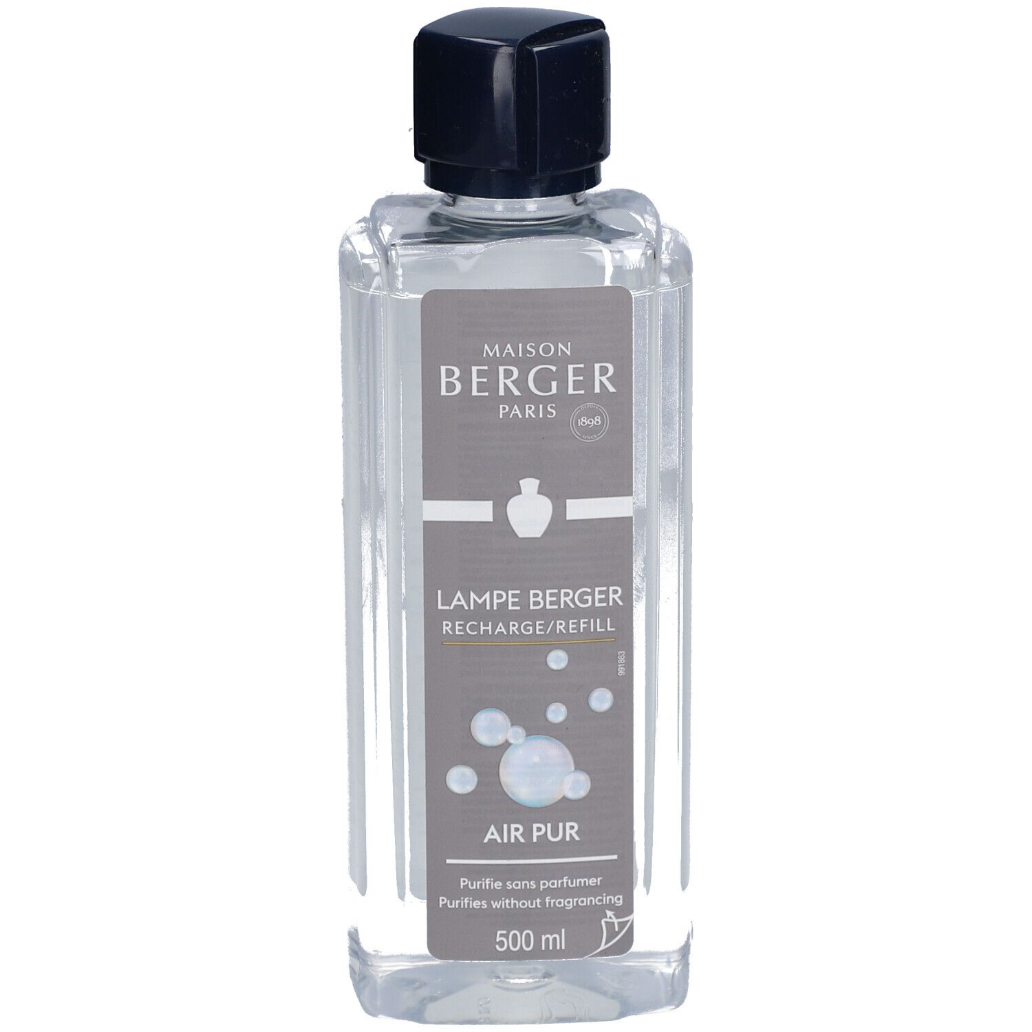 Recharge Lampe Berger. Flacon transparent, bouchon noir. Étiquette avec informations produit.