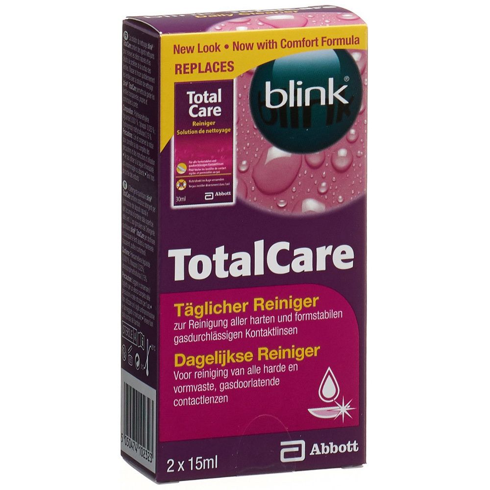Emballage de nettoyant pour lentilles Blink TotalCare avec motif de gouttes.