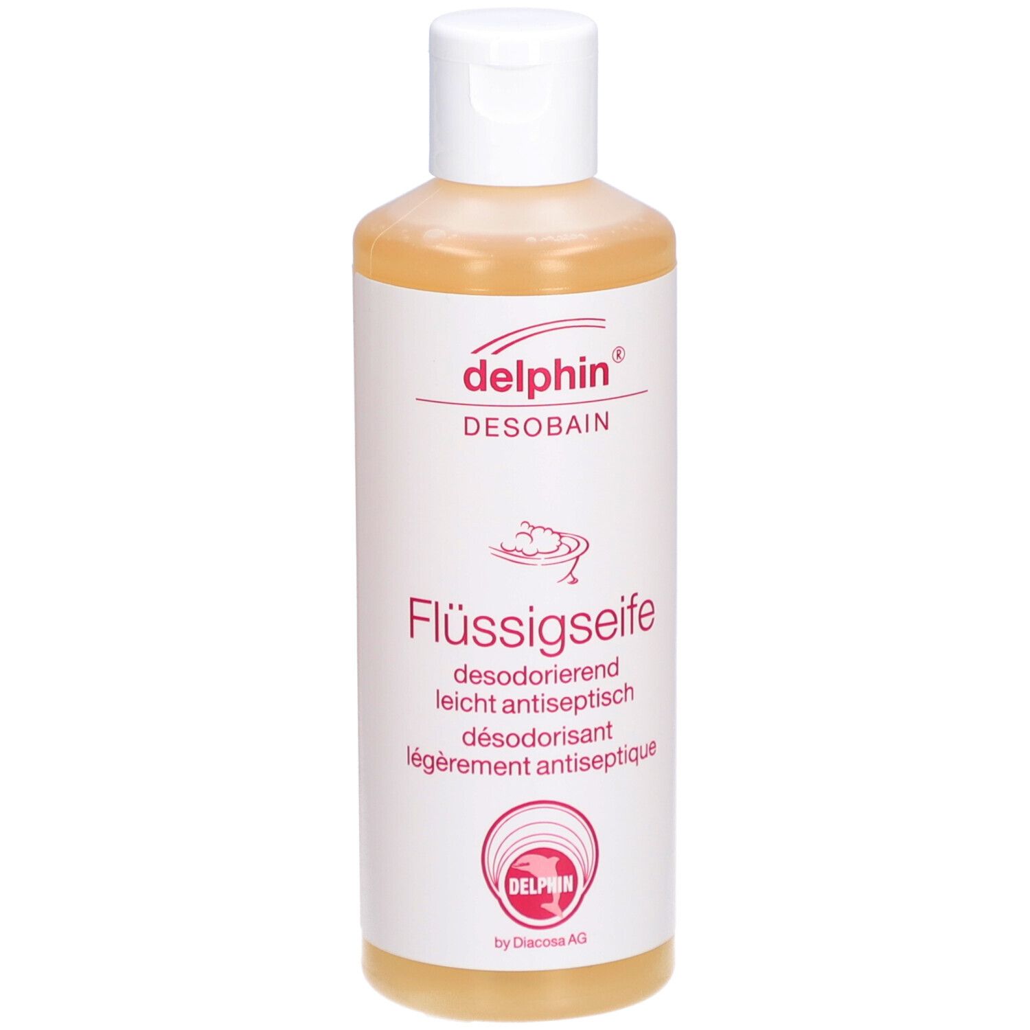 Vloeibare zeep, wit etiket met rode tekst. "delphin DESOBAN Flüssigseife".