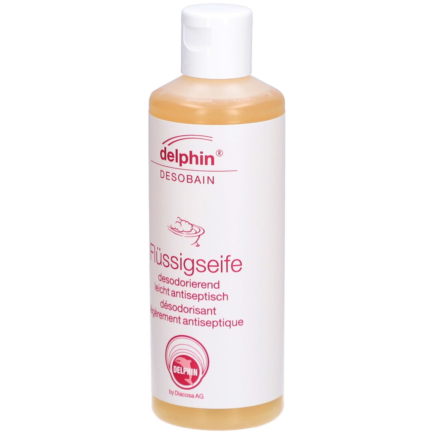 Vloeibare zeep, wit etiket met rode tekst. "delphin DESOBAN Flüssigseife".
