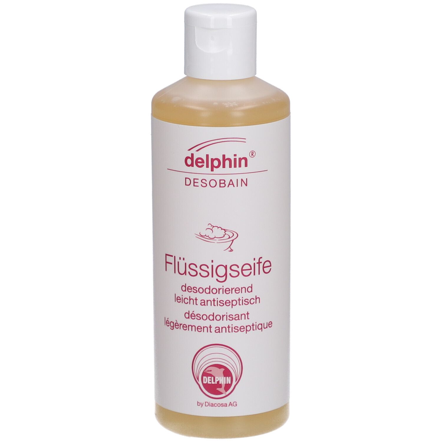 Vloeibare zeep, wit etiket met rode tekst. "delphin DESOBAN Flüssigseife".