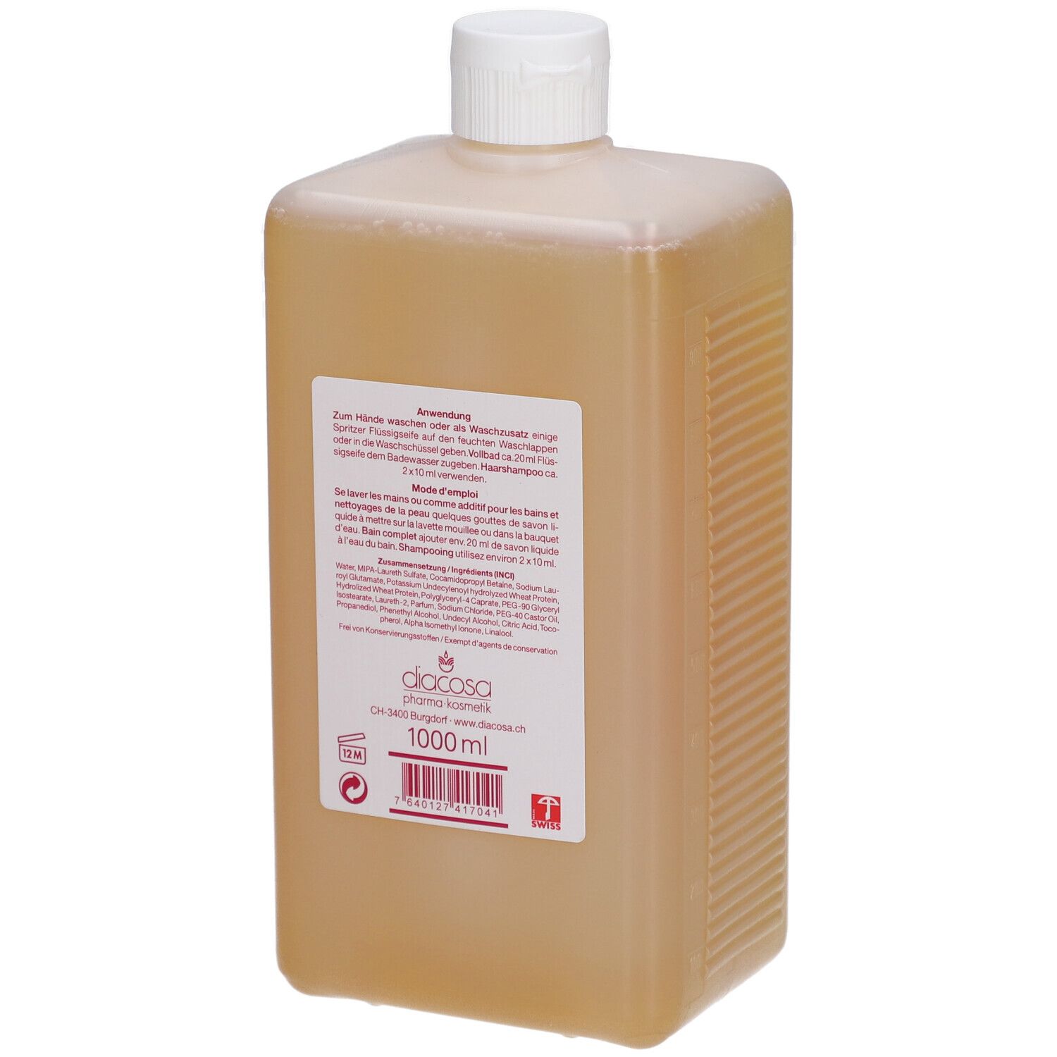 Vue arrière d'un flacon rectangulaire de savon liquide. Étiquette avec instructions et ingrédients. 1000 ml.