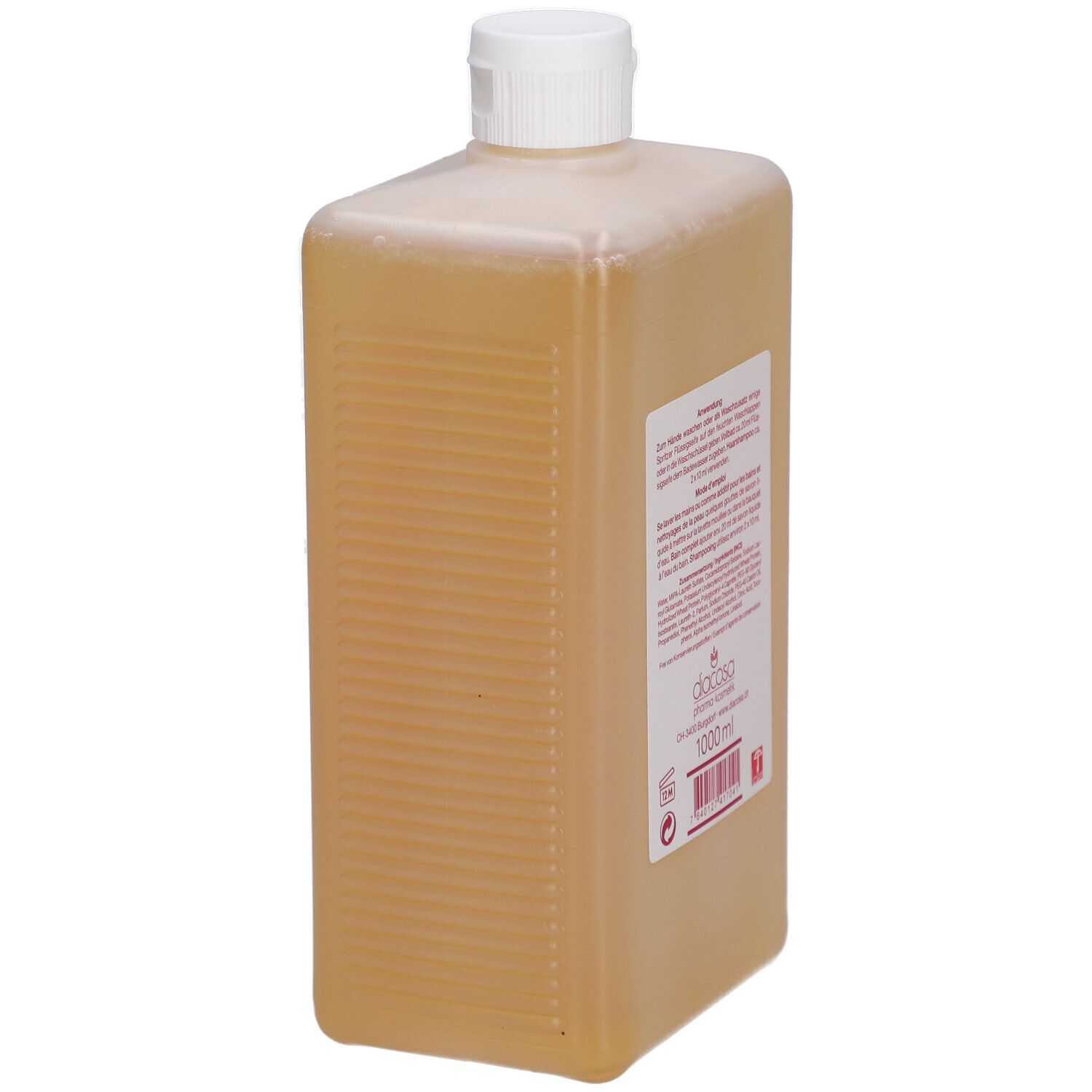 Vue arrière d'un flacon rectangulaire de savon liquide. Étiquette avec instructions et ingrédients. 1000 ml.