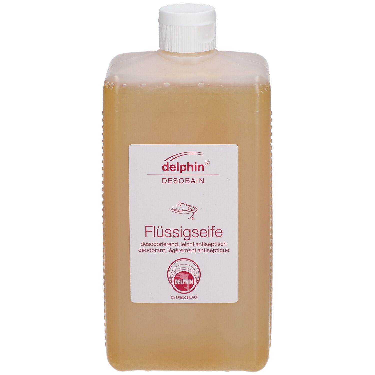 Flacon rectangulaire de savon liquide. Étiquette "delphin DESOBAN Flüssigseife". Bouchon à vis blanc.