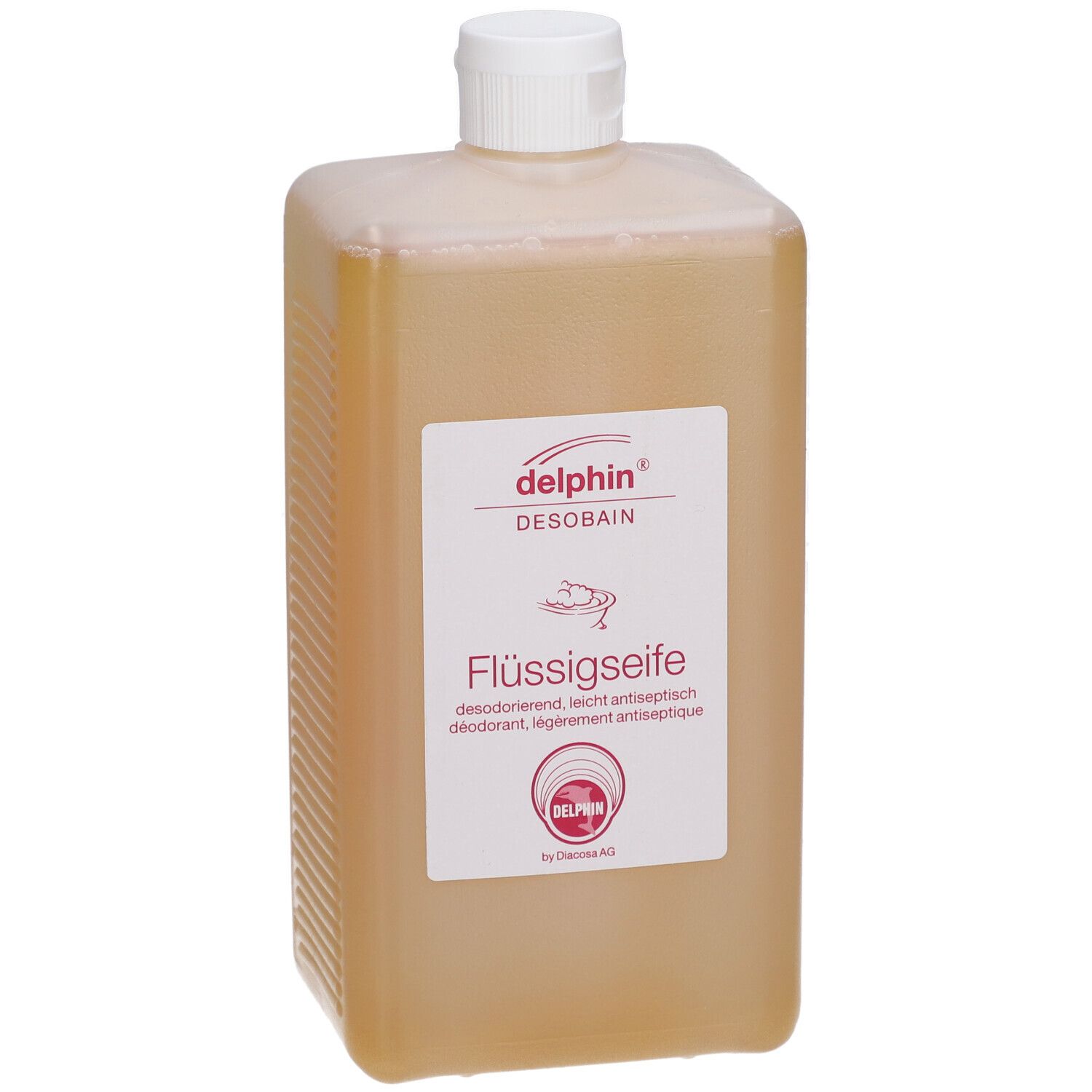 Flacon rectangulaire de savon liquide. Étiquette "delphin DESOBAN Flüssigseife". Bouchon à vis blanc.