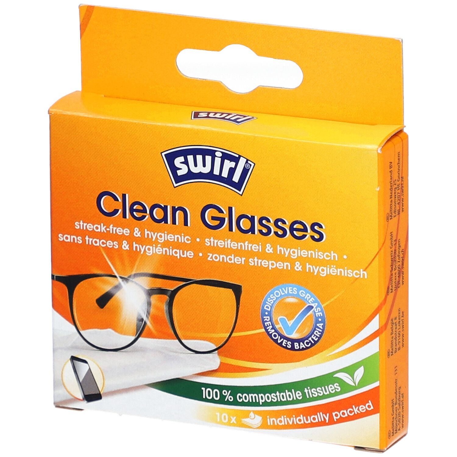 Boîte de lingettes nettoyantes pour lunettes SWIRL. Sans traces & hygiénique. 10 lingettes emballées individuellement.