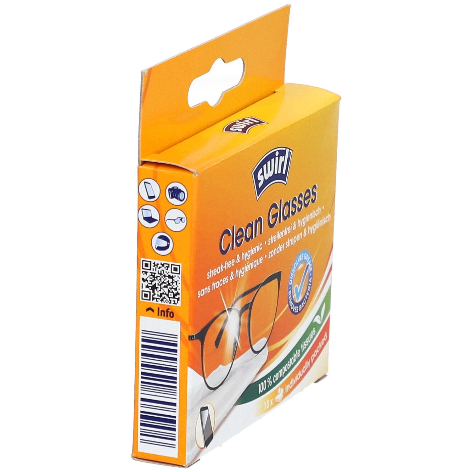 Boîte de lingettes nettoyantes pour lunettes SWIRL. Code QR et informations supplémentaires sur le côté.