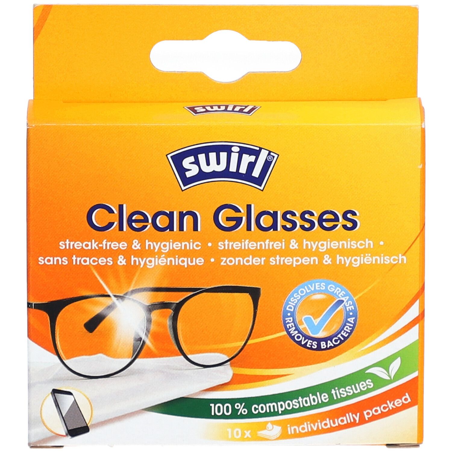 Boîte de lingettes nettoyantes pour lunettes SWIRL. Sans traces & hygiénique. 10 lingettes emballées individuellement.