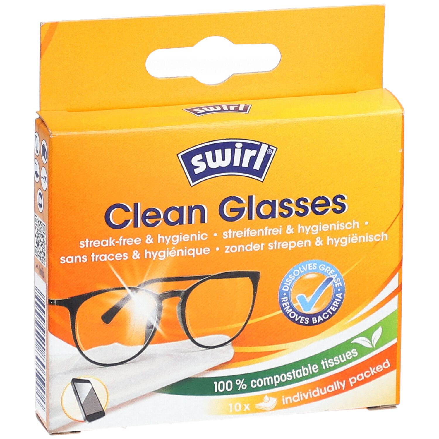 Boîte de lingettes nettoyantes pour lunettes SWIRL. Sans traces & hygiénique. 10 lingettes emballées individuellement.