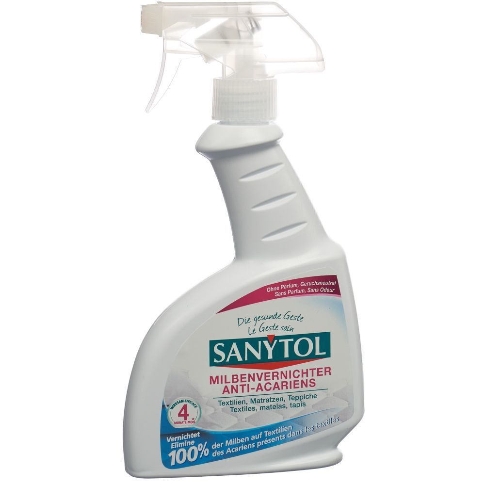 Witte spuitfles met SANYTOL-logo. Tekst: Milbenvernichter Anti-Acariens. Roze sticker: Zonder parfum, geurneutraal.