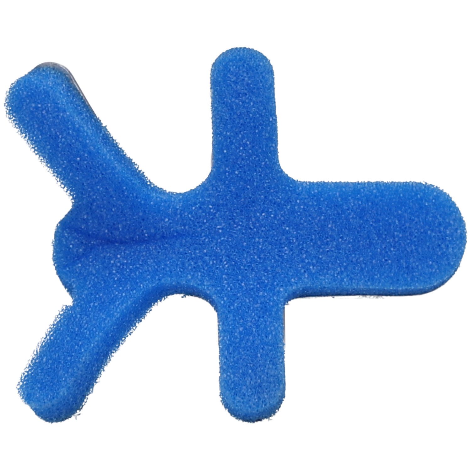 Blauw schuimachtig vinger spalkdeel. Bovenaanzicht, licht gekanteld.