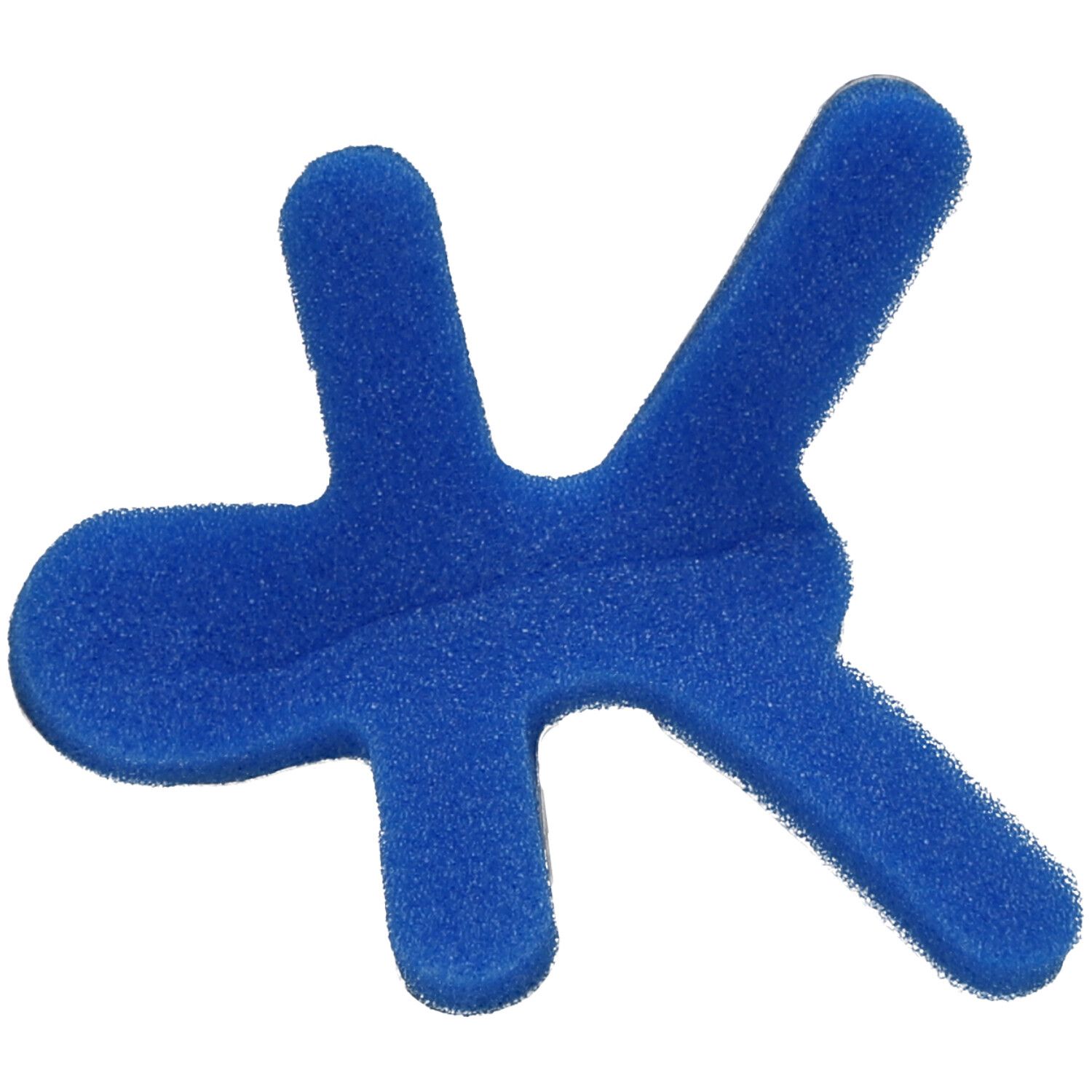 Blauw schuimrubberen onderdeel met drie uitlopers. Afgeronde vorm. Materiaal: schuim.