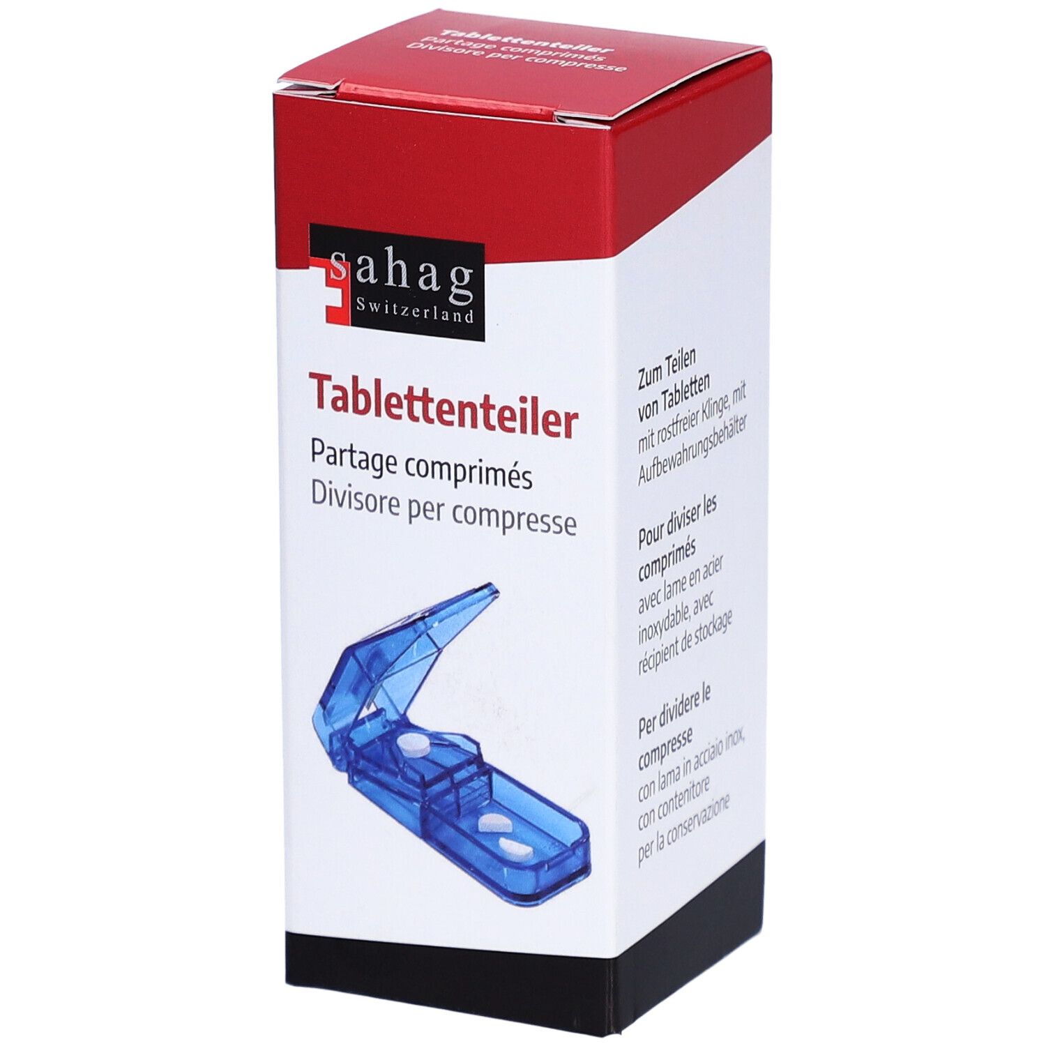 Diviseur de comprimés dans son emballage. Appareil bleu en plastique avec lame. Inscription: sahag Switzerland.