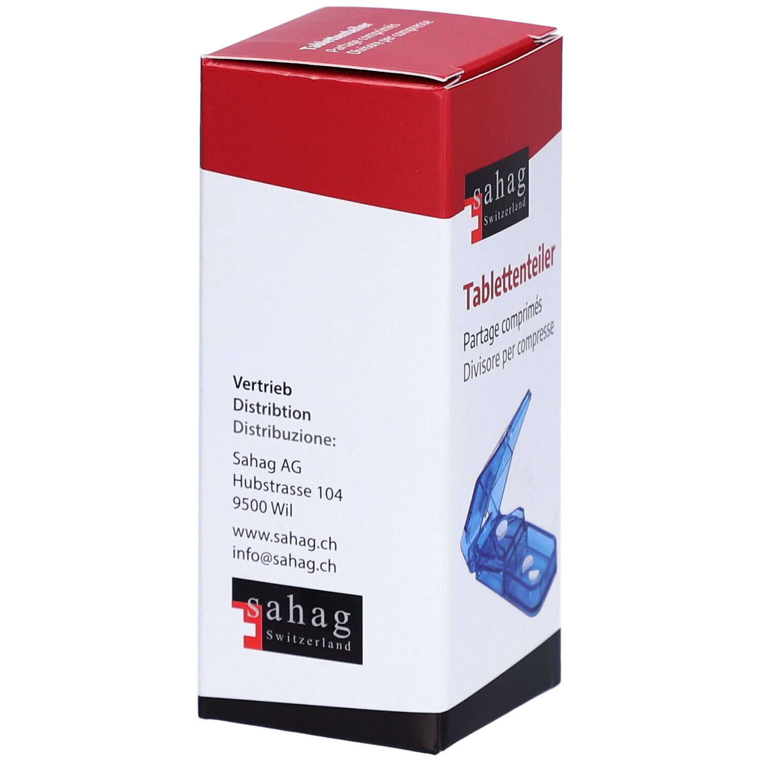 Emballage du diviseur de comprimés. Inscription: sahag Switzerland, diviseur de comprimés, informations de distribution. Rouge et blanc.