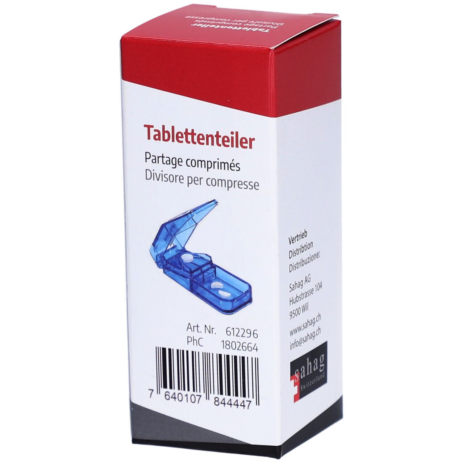 Emballage du diviseur de comprimés. Inscription: sahag Switzerland, diviseur de comprimés, numéro d'article et code-barres. Rouge et blanc.