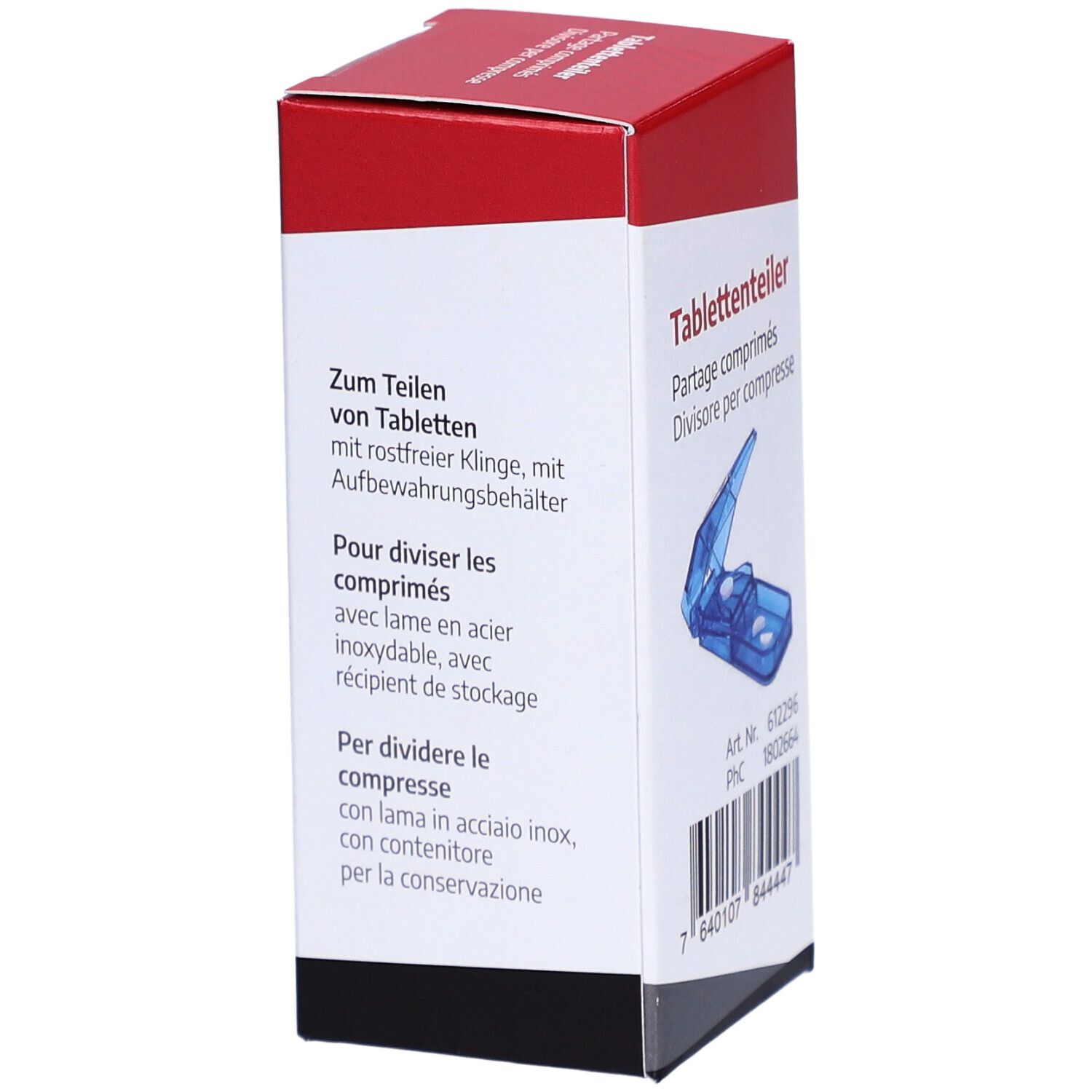 Emballage du diviseur de comprimés. Texte en allemand, français et italien. Rouge et blanc. Code-barres.
