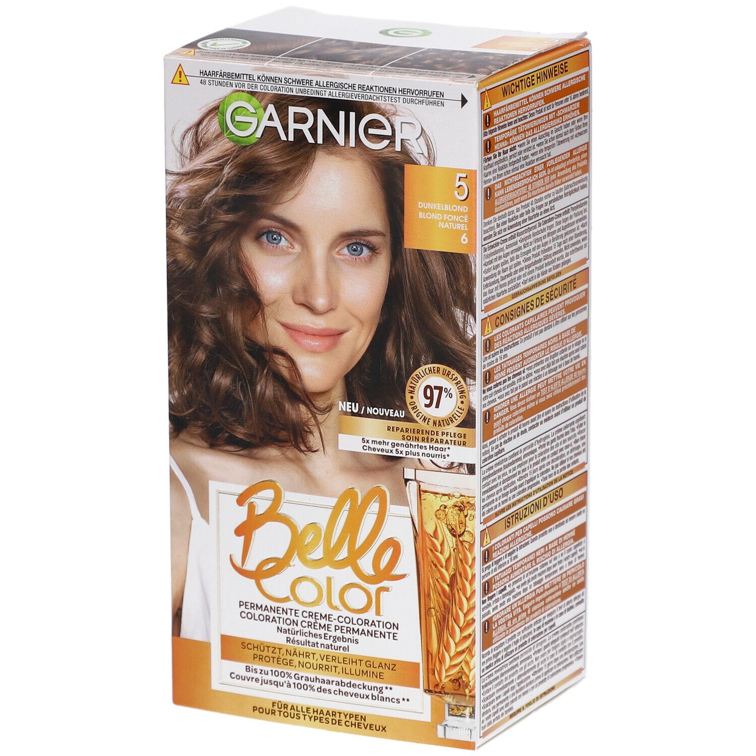 Verpakking Garnier Belle Color, N°5 Donkerblond. Vrouw met bruin haar. Opschrift: 5, Donkerblond, 97% natuurlijke ingrediënten.