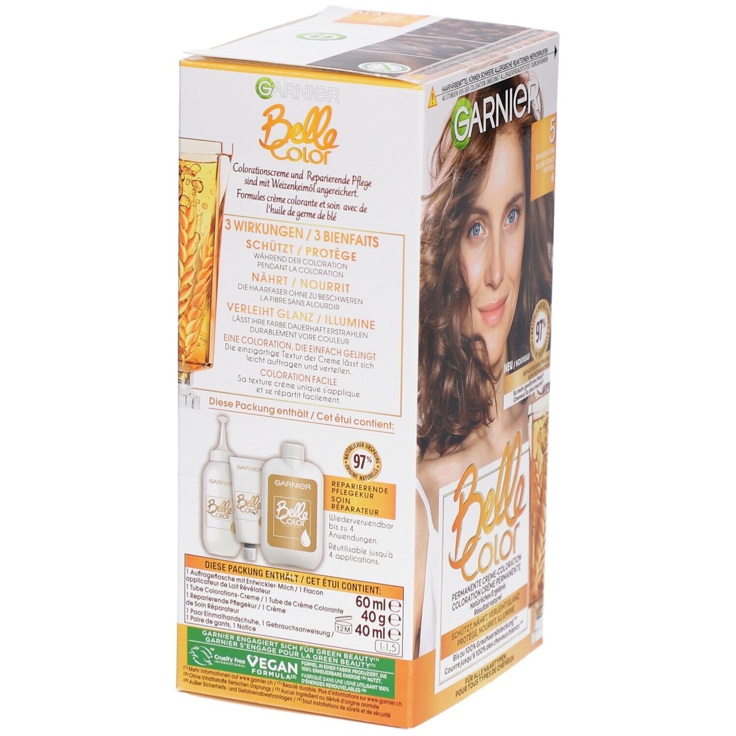 Achterkant Garnier Belle Color verpakking. Bevat 60ml crème, 40g ontwikkelaar. Vegan logo. 97% gerepareerde punten. 3 effecten: bescherming, verzorging, glans.