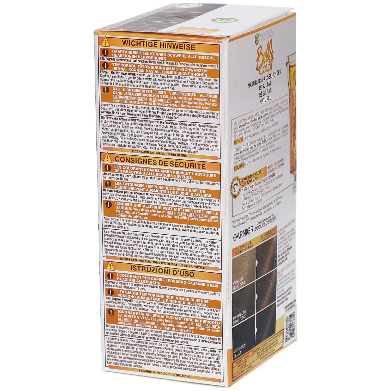 Zijkant Garnier Belle Color verpakking. Belangrijke aanwijzingen, veiligheidsinstructies, gebruiksaanwijzing. Kleurvoorbeelden. 97% gerepareerde punten.