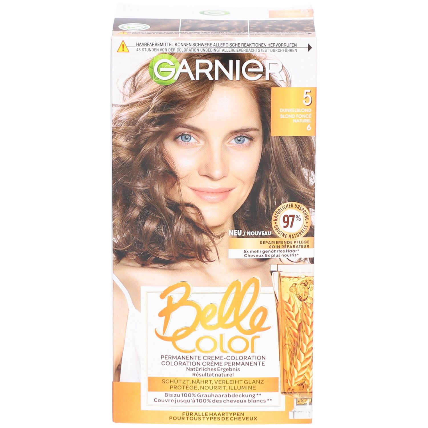 Garnier Belle Color verpakking, voorkant. Vrouw met bruin haar. Opschrift: 5, Donkerblond, 97% natuurlijke ingrediënten. Nieuw.
