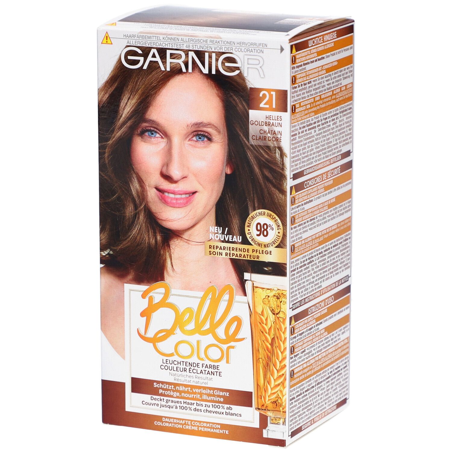 Boîte Garnier Belle Color, couleur N°21 Gold-Hellkastanienbraun. Femme aux cheveux bruns. Soin réparateur 98%.