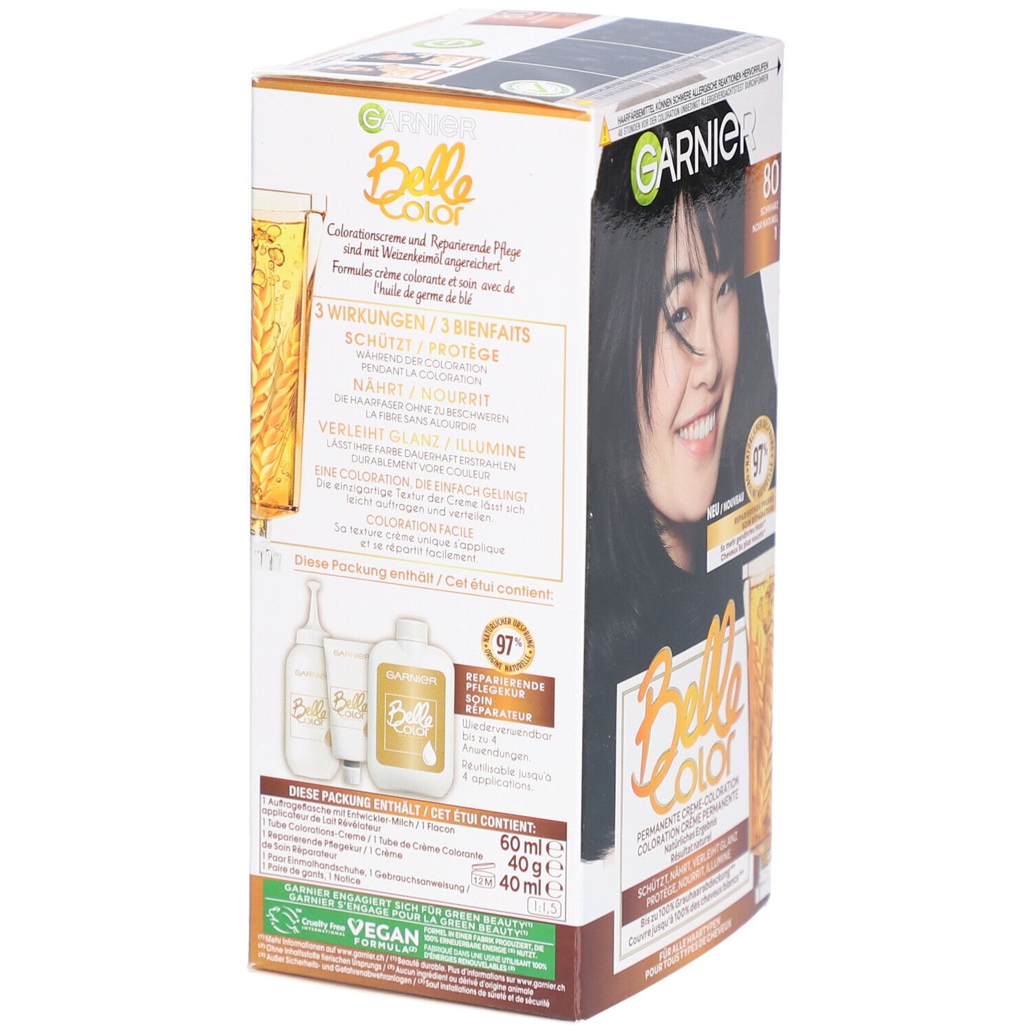 Garnier Belle Color, N°80 Natuurzwart. Verpakking met afbeelding en tekst. Bevat 60ml crème en 40g ontwikkelaar.