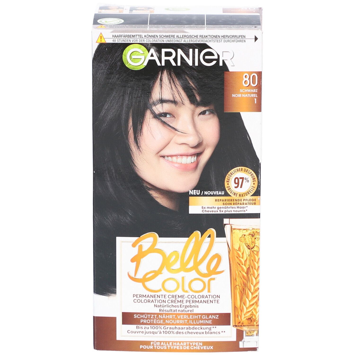 Garnier Belle Color, N°80 Natuurzwart. Doos met productafbeelding en tekst. Bevat 97% natuurlijke ingrediënten.