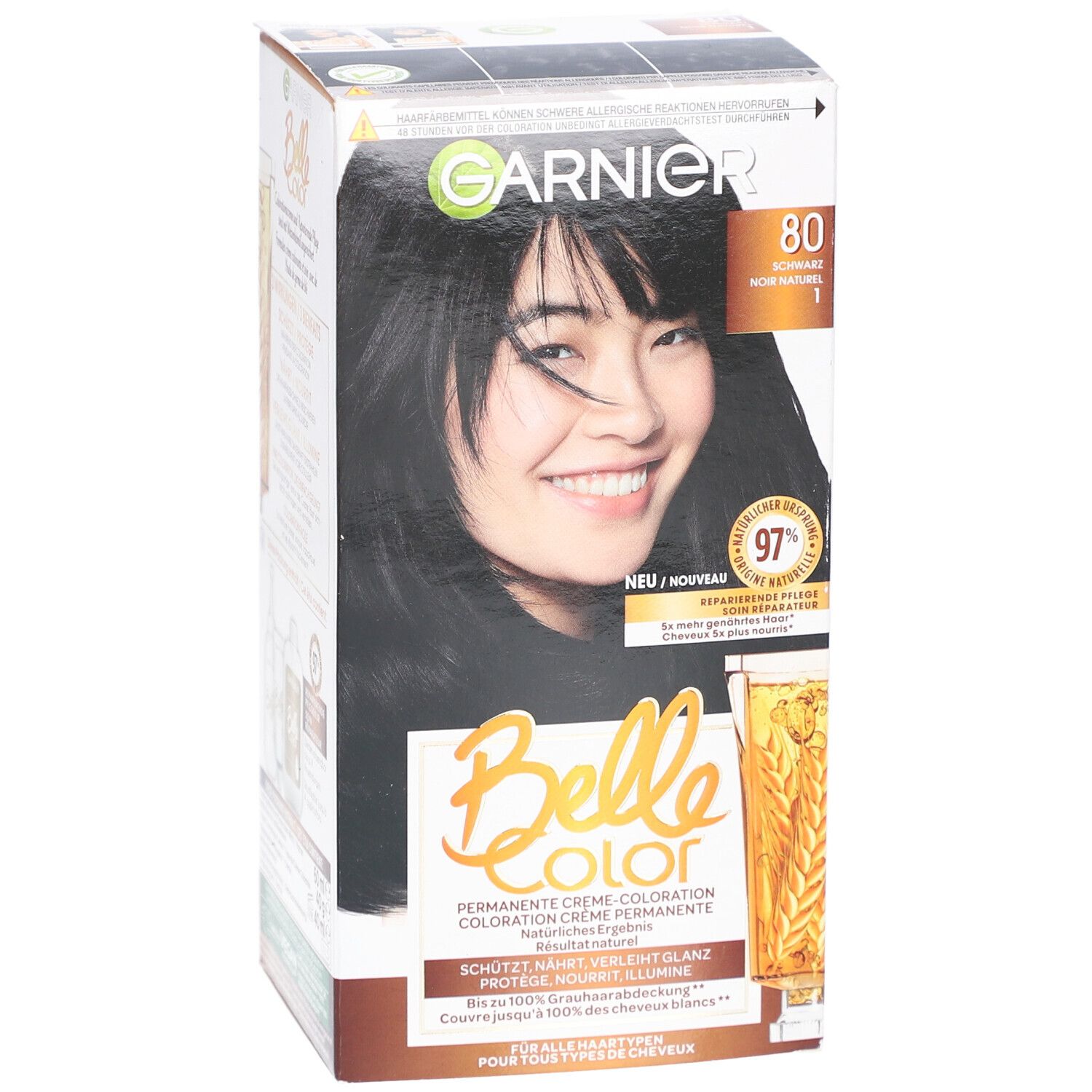 Garnier Belle Color, N°80 Natuurzwart. Doos met productafbeelding en tekst. Bevat 97% natuurlijke ingrediënten.