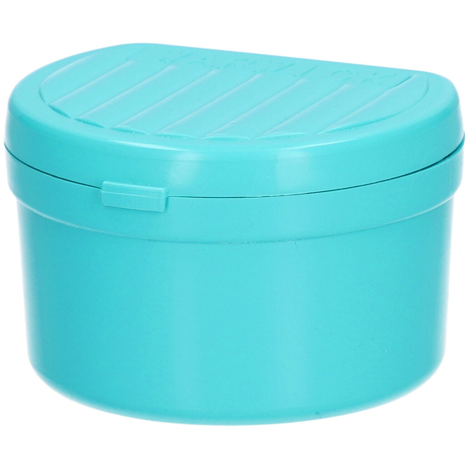 Boîte dentaire turquoise avec couvercle et fermeture. Design rainuré sur le dessus.