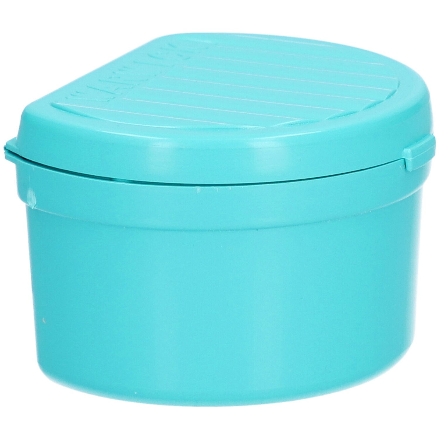 Boîte dentaire turquoise avec couvercle et fermeture. Design rainuré sur le dessus.