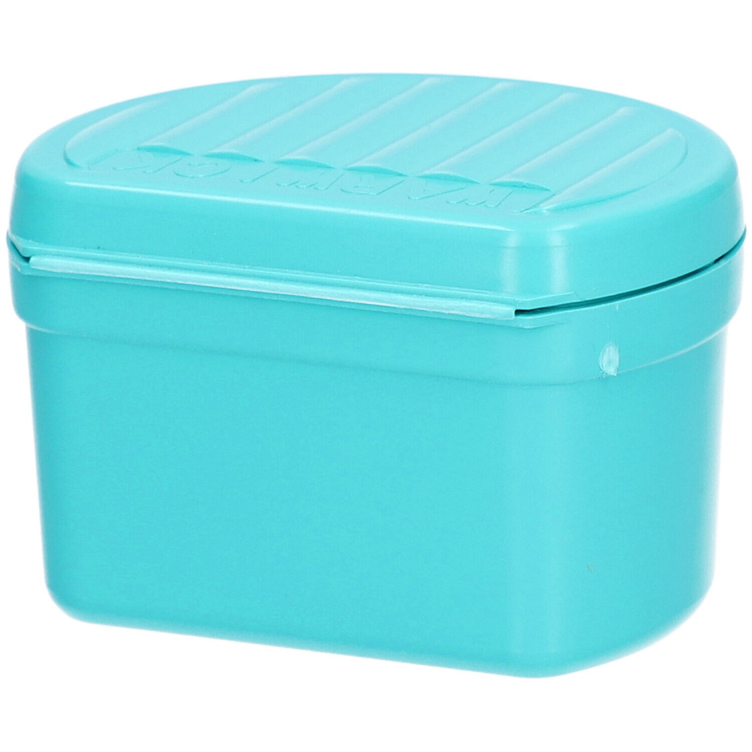 Boîte dentaire turquoise avec couvercle et fermeture. Design rainuré sur le dessus.