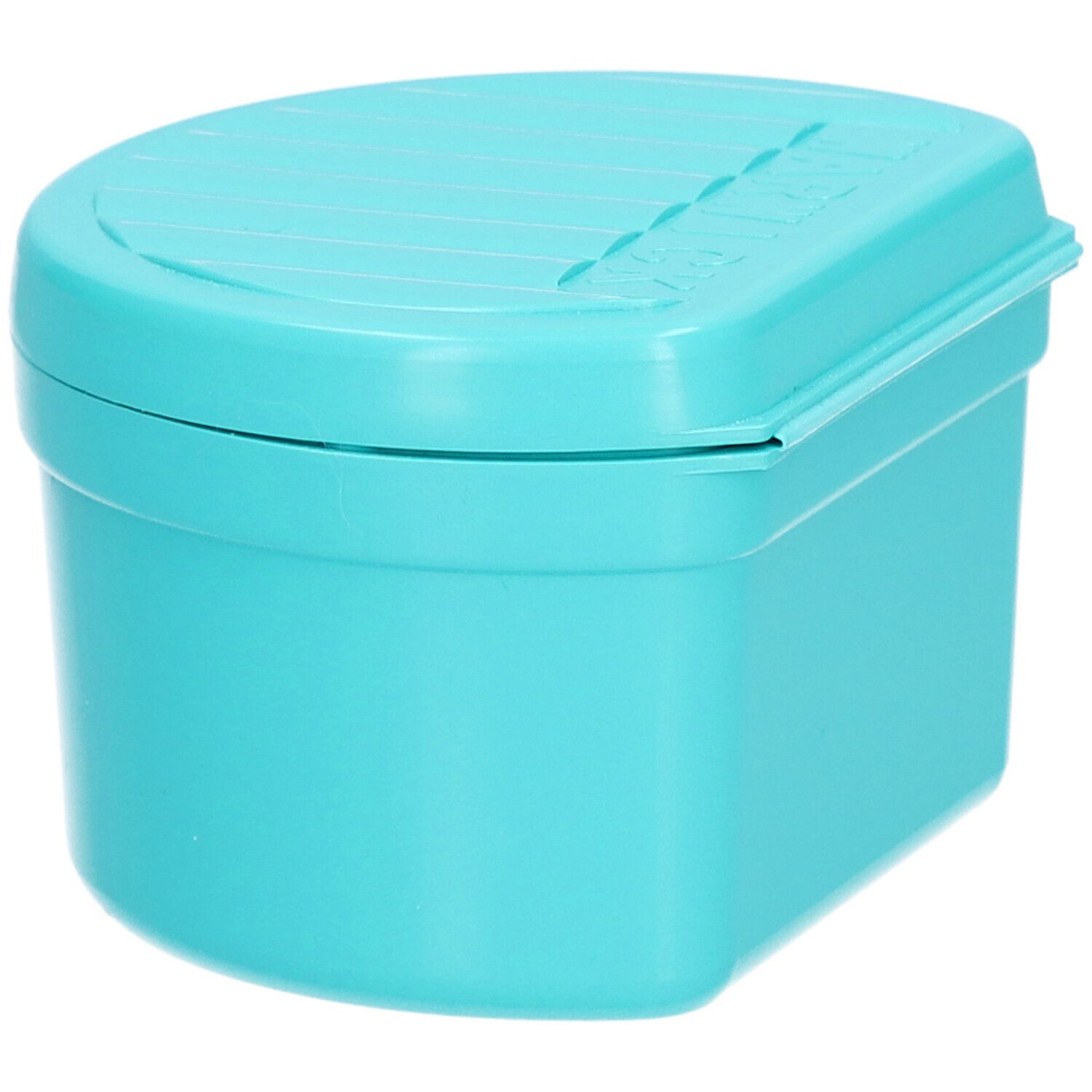 Boîte dentaire turquoise avec couvercle et fermeture. Design rainuré sur le dessus.