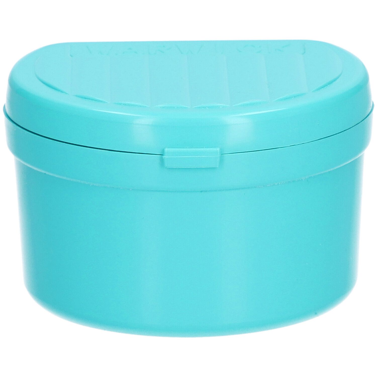 Boîte dentaire turquoise avec couvercle et fermeture. Design rainuré sur le dessus.