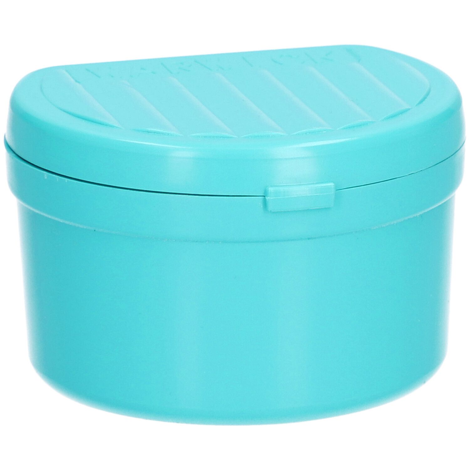 Boîte dentaire turquoise avec couvercle et fermeture. Design rainuré sur le dessus.