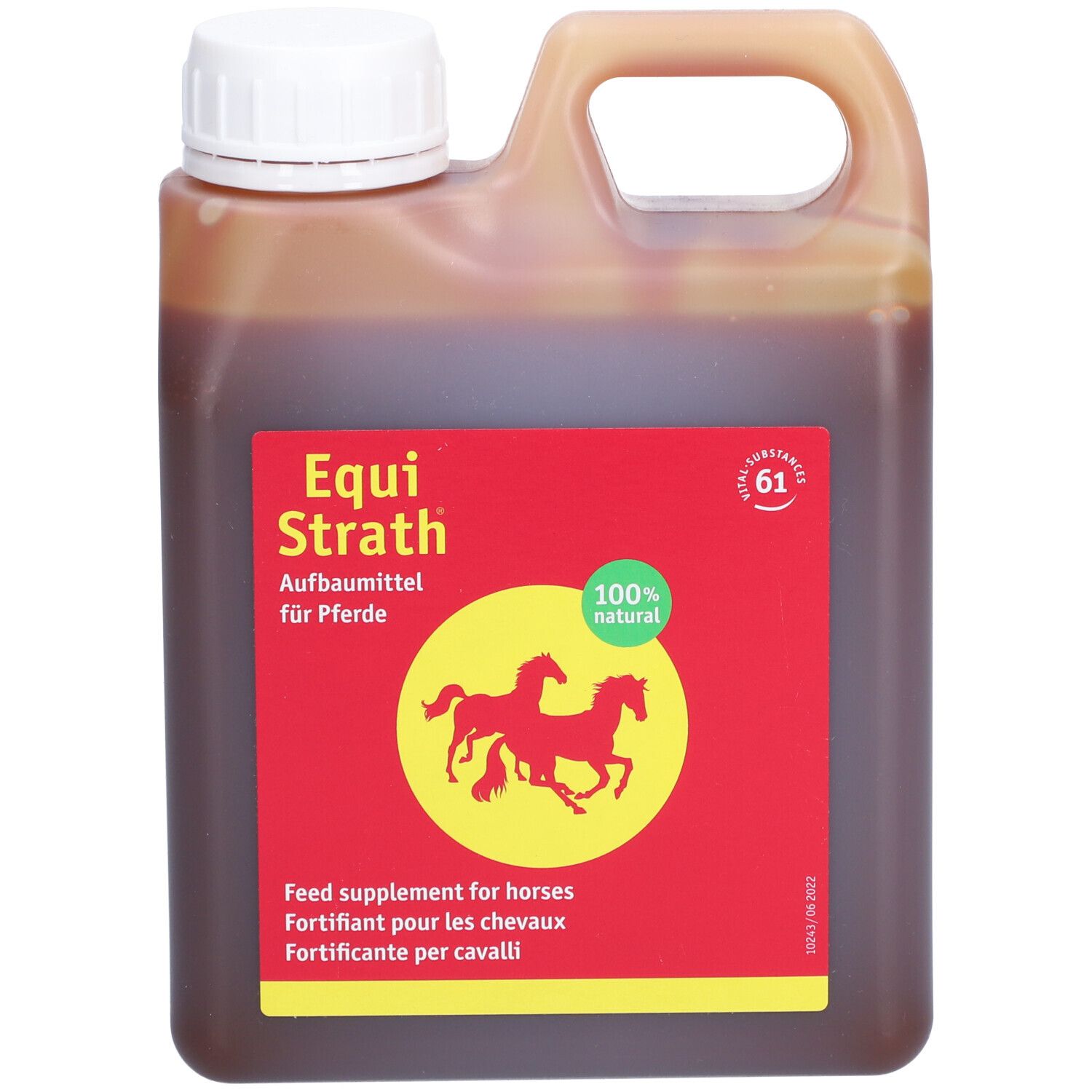 Container met vloeistof. Rode sticker met tekst en paardensilhouet. Opschrift: Equi Strath, 100% natuurlijk.