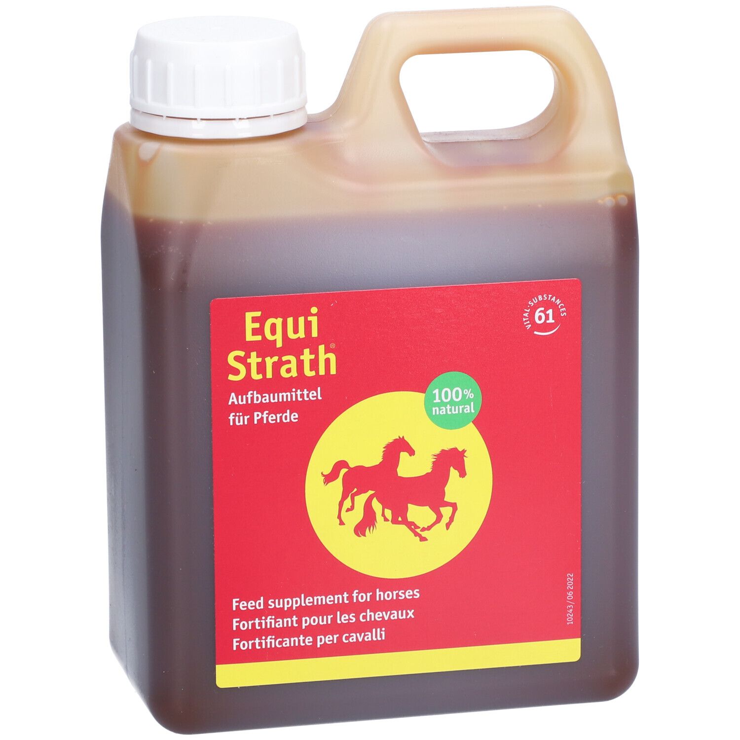 Container met vloeistof. Rode sticker met tekst en paardensilhouet. Opschrift: Equi Strath, 100% natuurlijk.