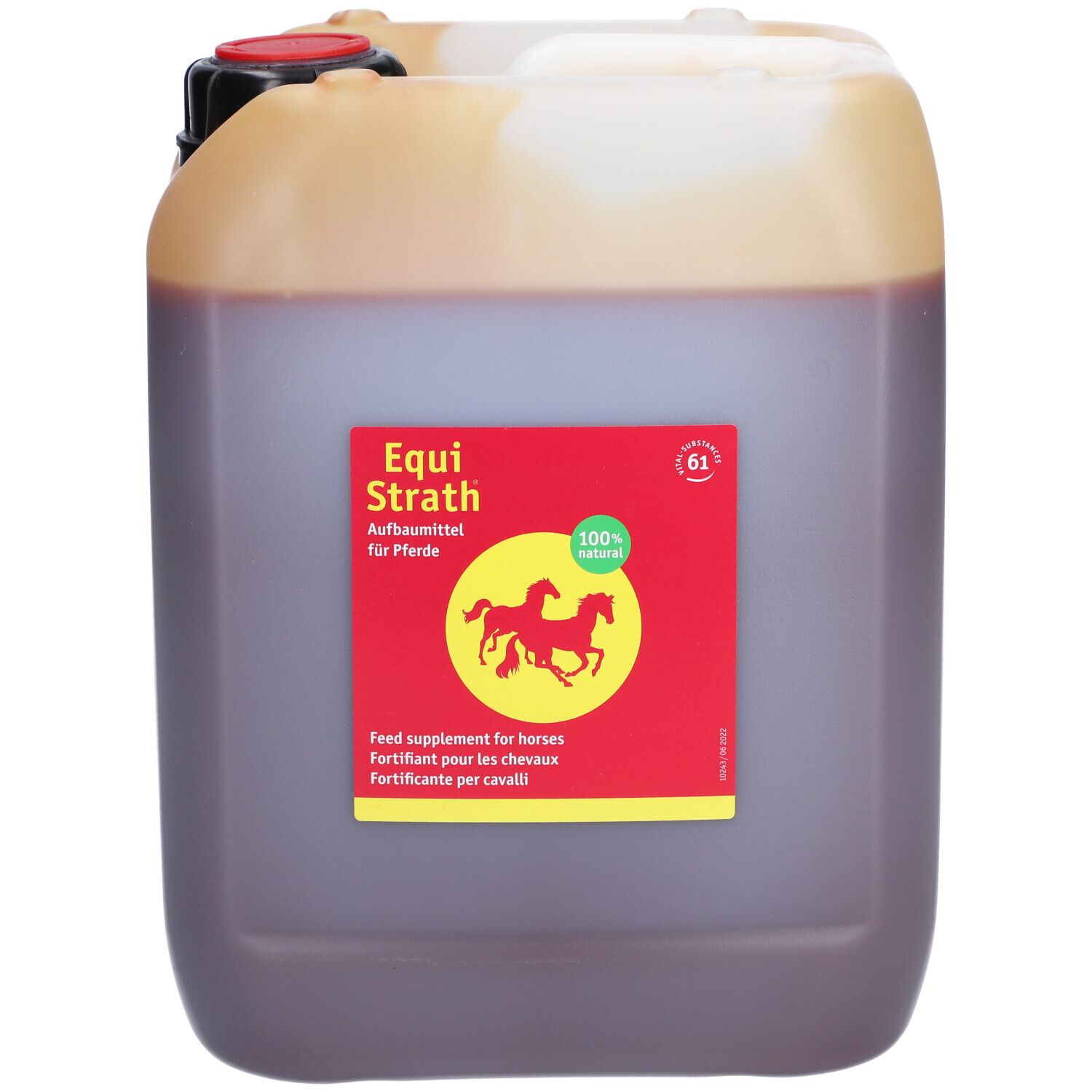 Kan met "EQUI STRATH" label. Rood label met paarden, tekst in het Duits, Engels, Frans en Italiaans. 100% natuurlijk.