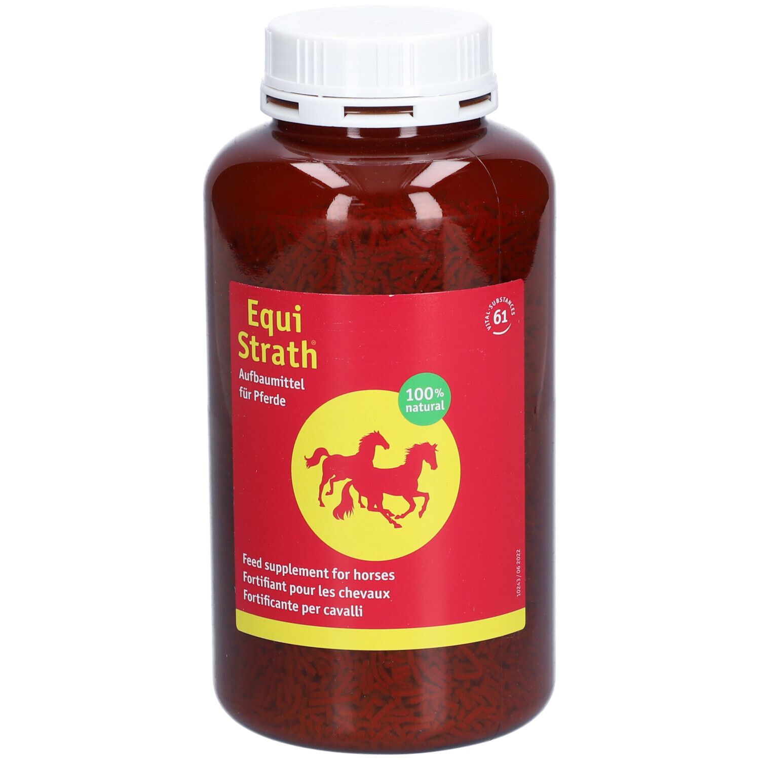 Flacon brun en plastique avec bouchon blanc. Étiquette rouge avec nom du produit et silhouette de chevaux. Inscription : 100% naturel.