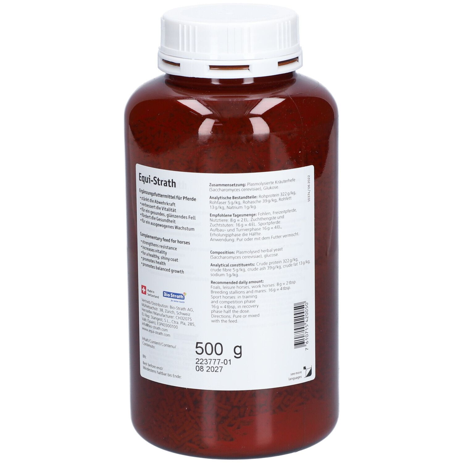 Flacon en plastique brun avec bouchon blanc. Étiquette avec informations sur le produit et ingrédients. 500g.